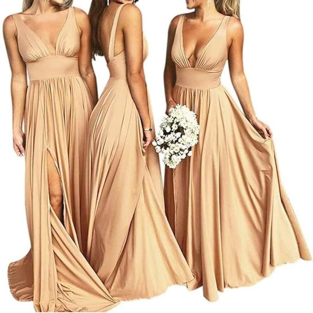 V Neck Satin Bridesmaid Dresses for Wedding Split Prom Dresses Long A Line Forma